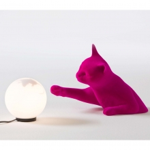 Kleine Kugellampe mit Katze Samt Fuchsia